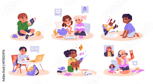 Cute children using gadgets set. Happy kids communicate, play with smartphone. Funny boys and girls study, watching cartoons with laptop, phone. Flat isolated vector illustrations on white background