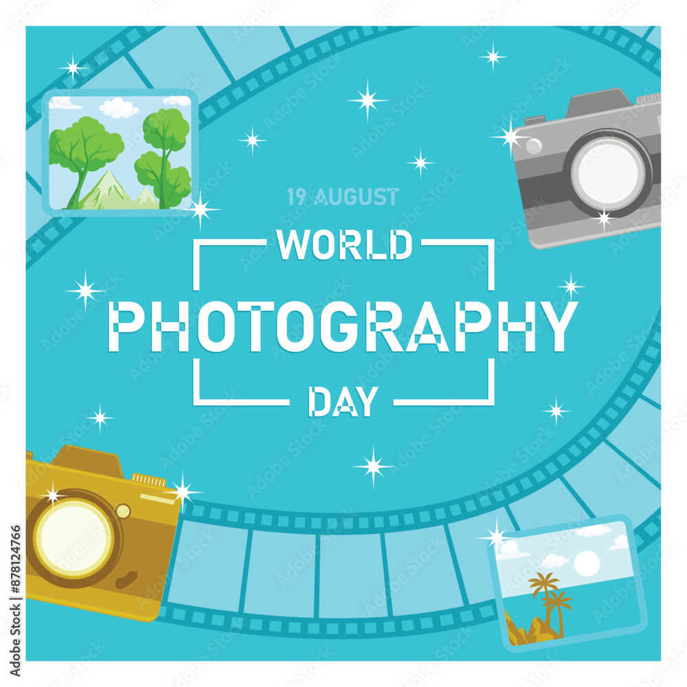 Obraz premium Celebrating World Photography Day, August 19. Camera, photo, and cliche photography elements. World Photography Day concept. Flat vector illustration.