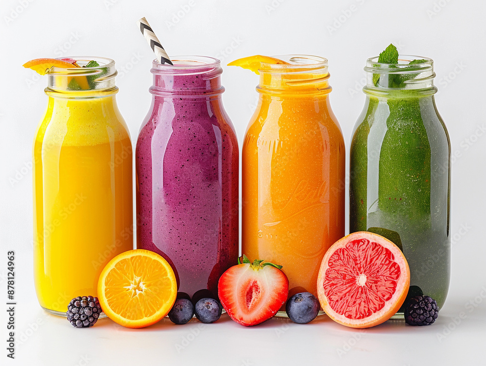 Four Colorful Smoothies in Glass Bottles With Fresh Fruit Garnish Four Colorful Smoothies in Glass Bottles With Fresh Fruit Garnish