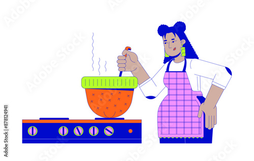 Hispanic female cooking dinner in hat 2D linear cartoon character. Latina woman using warm cap as pot isolated line vector person white background. Kitchen utensils color flat spot illustration