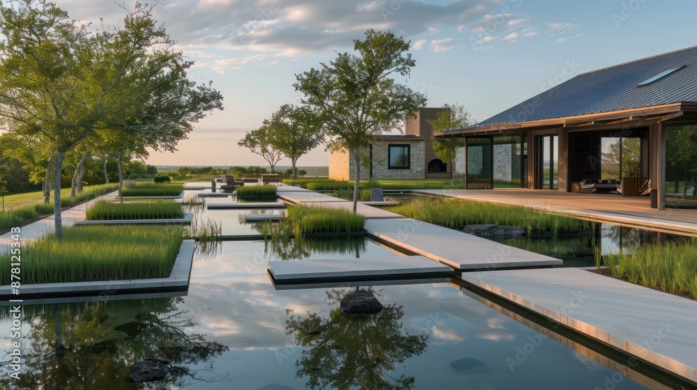 Fototapeta premium Elegant ranch with a series of small reflective pools and minimalist walkways connecting different areas