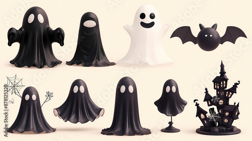 Halloween creature, 3D vector style cartoon characters of cute ghosts, bats and spider webs in different poses