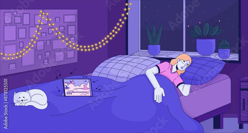 Cat with woman falling asleep at music lofi wallpaper. Bedroom calming atmosphere 2D cartoon flat illustration. Love being at home alone chill vector art, lo fi aesthetic colorful background