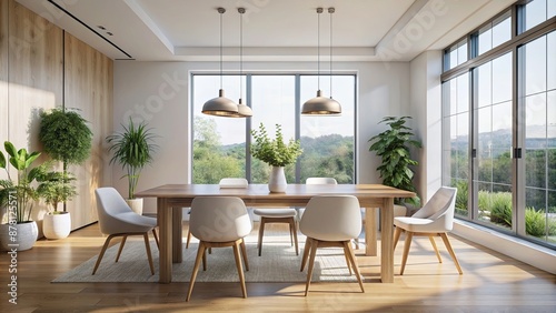 A bright minimalist dining room bathed in natural light, bathed, light, dining, room