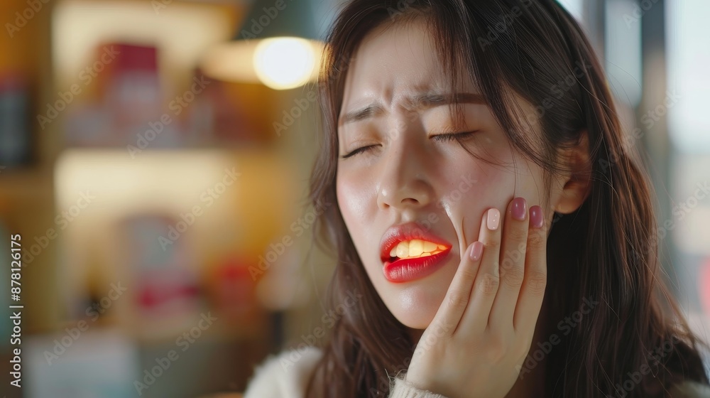 Woman in pain suffering toothache touching face, girl sad face pain cheek,Attractive Female Feeling Painful Toothache,Dental Health And Care Concept,Feeling Tooth Pain,Teeth Problem.
