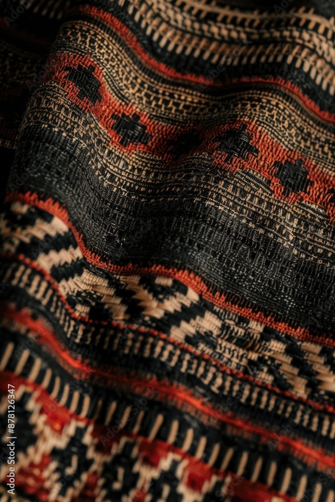 A detailed view of a textured black and red blanket, perfect for capturing cozy moments or creating atmospheric scenes A detailed view of a textured black and red blanket, perfect for capturing cozy moments or creating atmospheric scenes