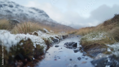 A serene scene of a small stream flowing through a snow-covered meadow, perfect for winter or nature-themed projects