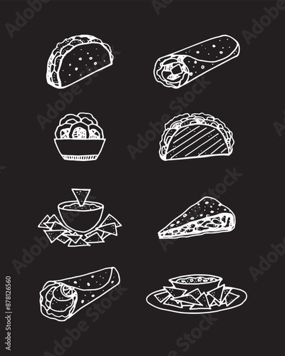 Mexican food menu set linear illustration on black