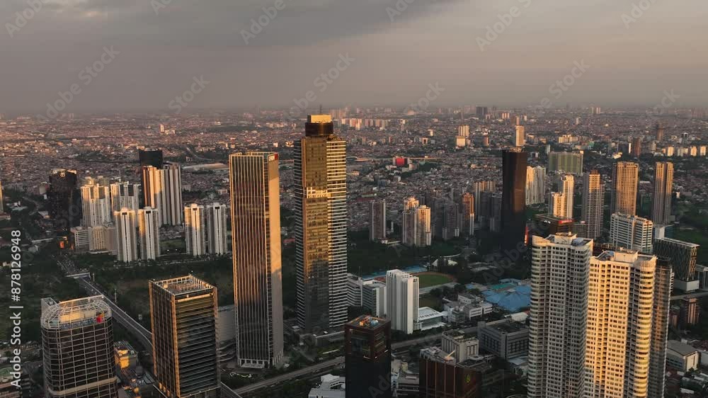 Aerial drone of downtown Jakarta with skyscrapers at sunset. Urban landscape. Indonesia.