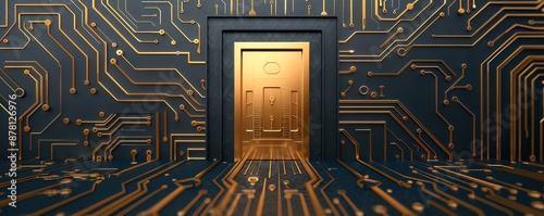 Secure background with gold vault door and intricate designs, financial security, high-resolution image photo