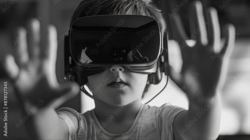 A young child using virtual reality technology, ideal for illustrations on innovation, education, and technology themes A young child using virtual reality technology, ideal for illustrations on innovation, education, and technology themes