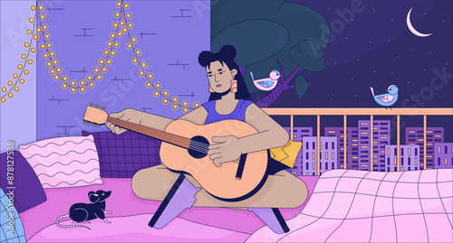 Woman playing guitar on balcony at night lofi wallpaper. Latina girl guitarist with pet rat 2D cartoon flat illustration. Love being at home alone chill vector art, lo fi aesthetic colorful background