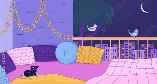 Cozy apartment balcony at night 2D cartoon background. Couch pillows, string of lights. Comfortable colorful aesthetic vector illustration, nobody. Hygge terrace flat wallpaper art, lofi image