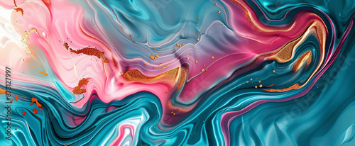 Abstract background of swirling marble in teal, pink, and gold hues with fluid lines of liquid paint and metallic accents