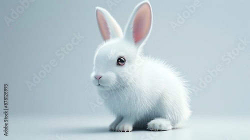 A fluffy white rabbit with brown eyes sits on a light grey background. © Factory