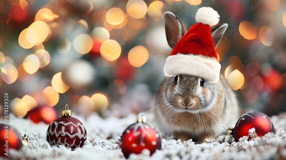 Obraz premium Christmas Bunny in Santa Hat with Festive Ornaments and Lights Background