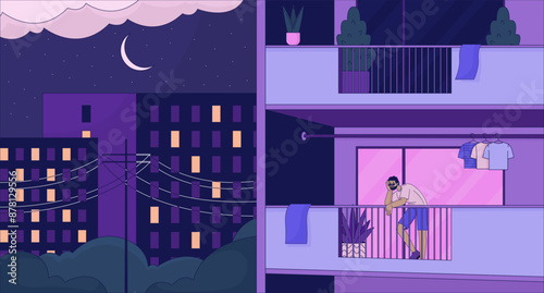 Black man standing on balcony late night lofi wallpaper. Enjoying evening city introvert 2D cartoon flat illustration. Love being at home alone chill vector art, lo fi aesthetic colorful background