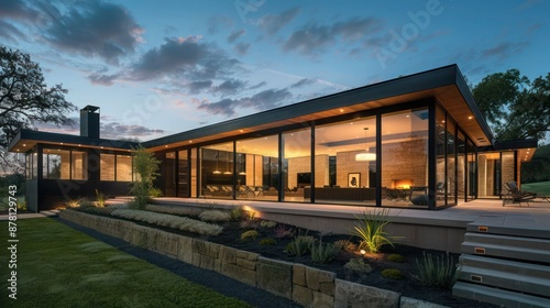 Modern ranch home with seamless glass walls and minimalist landscaping
