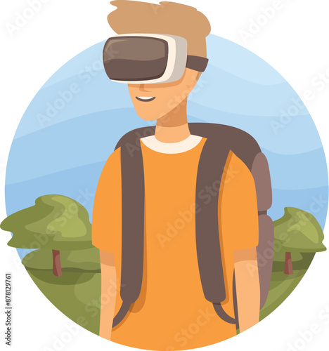 Young man with a backpack wearing vr glasses and enjoying a virtual travel simulation