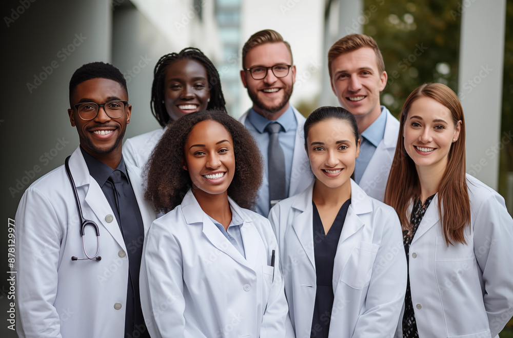 A diverse group of medical professionals smiling together, dressed in white coats, standing outside a healthcare facility A diverse group of medical professionals smiling together, dressed in white coats, standing outside a healthcare facility