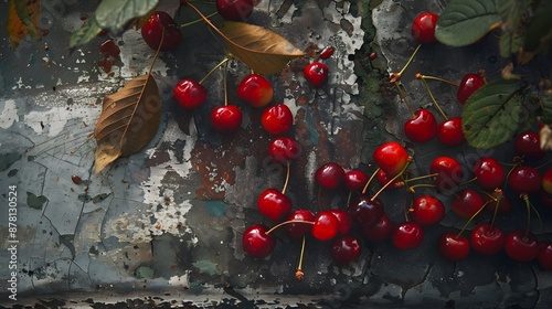Fresh Cherries on Rustic Metal Surface with Autumn Leaves