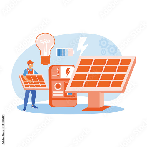 Solar powered electrical energy. Technician installing solar panels. Solar energy panels concept. Flat vector illustration.