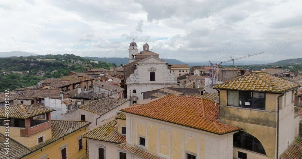 Approaching Cathedral of Santa Maria Assunta In Piazza della Libertà In Orte, Lazio, Italy. Aerial Drone Shot Approaching Cathedral of Santa Maria Assunta In Piazza della Libertà In Orte, Lazio, Italy. Aerial Drone Shot
