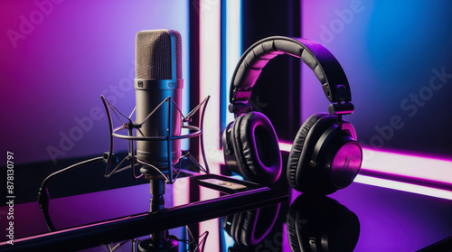 A studio microphone with a pop filter and headphones sit on a black table under neon blue and purple lights