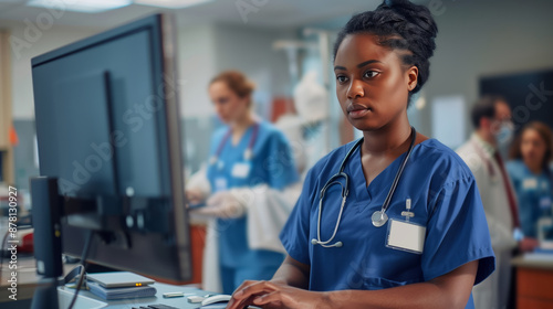 A black nurse in blue scrubs is standing at her desk, working on a desktop computer with patient medical records visible.