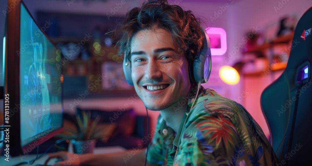 Young man gamer with headset smiling joyfully while playing video games in colorful room Young man gamer with headset smiling joyfully while playing video games in colorful room