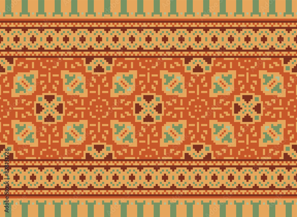 Traditional ethnic motifs ikat geometric fabric pattern cross stitch.Ikat embroidery Ethnic oriental Pixel brown background. Abstract,vector,illustration. Traditional ethnic motifs ikat geometric fabric pattern cross stitch.Ikat embroidery Ethnic oriental Pixel brown background. Abstract,vector,illustration.