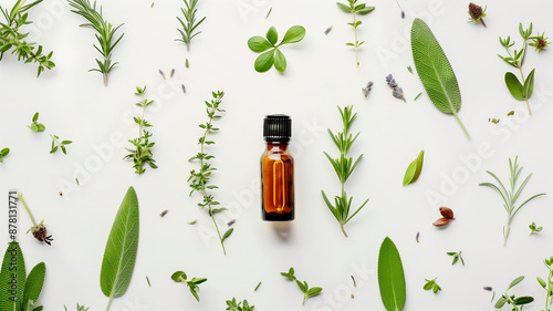 An amber glass bottle is surrounded by fresh herbs. Lavender and rosemary sprigs add a touch of nature. The setup suggests natural wellness.