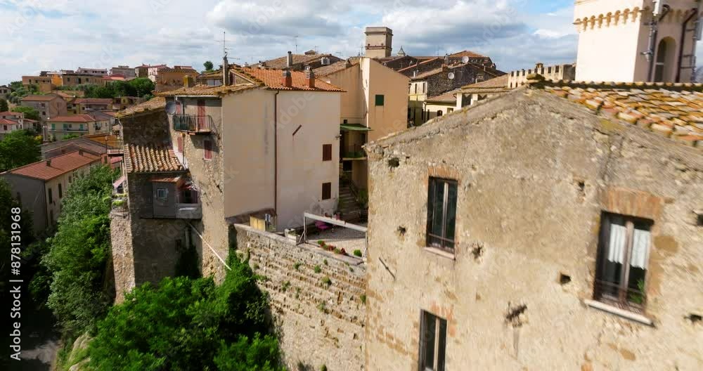 Rooftop View Of Historical Village And Landmark At Stimigliano In Rieti, Italy. aerial flyby Rooftop View Of Historical Village And Landmark At Stimigliano In Rieti, Italy. aerial flyby