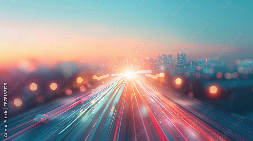 Vibrant cityscape at dusk with light trails and blurred traffic Vibrant cityscape at dusk with light trails and blurred traffic
