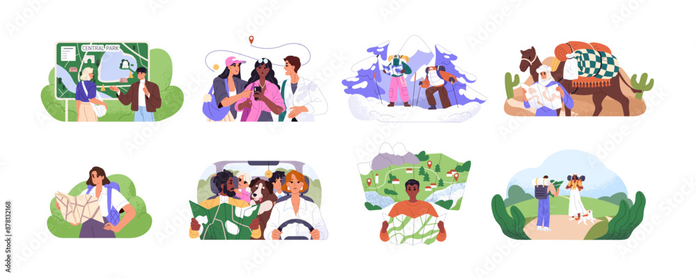 Naklejka premium People hold, looking at map set. Tourists navigate, search their location and look for route. Geolocation, destination of way in car journey. Flat isolated vector illustrations on white background