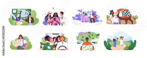 People hold, looking at map set. Tourists navigate, search their location and look for route. Geolocation, destination of way in car journey. Flat isolated vector illustrations on white background