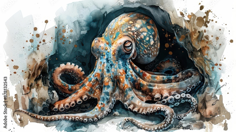 Obraz premium A watercolor scene of a curious octopus peeking out from its underwater cave