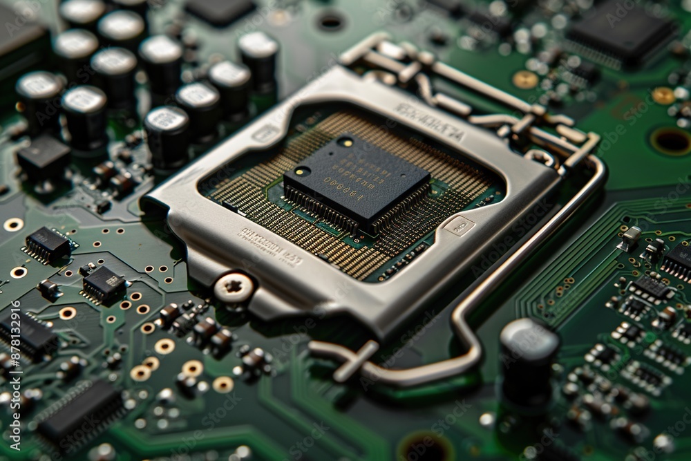 Fototapeta premium GPU (Graphics Processing Unit) chip with intricate circuitry on a motherboard. Generative Ai
