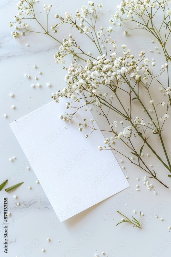 A bouquet of baby's breath flowers placed next to an empty white card