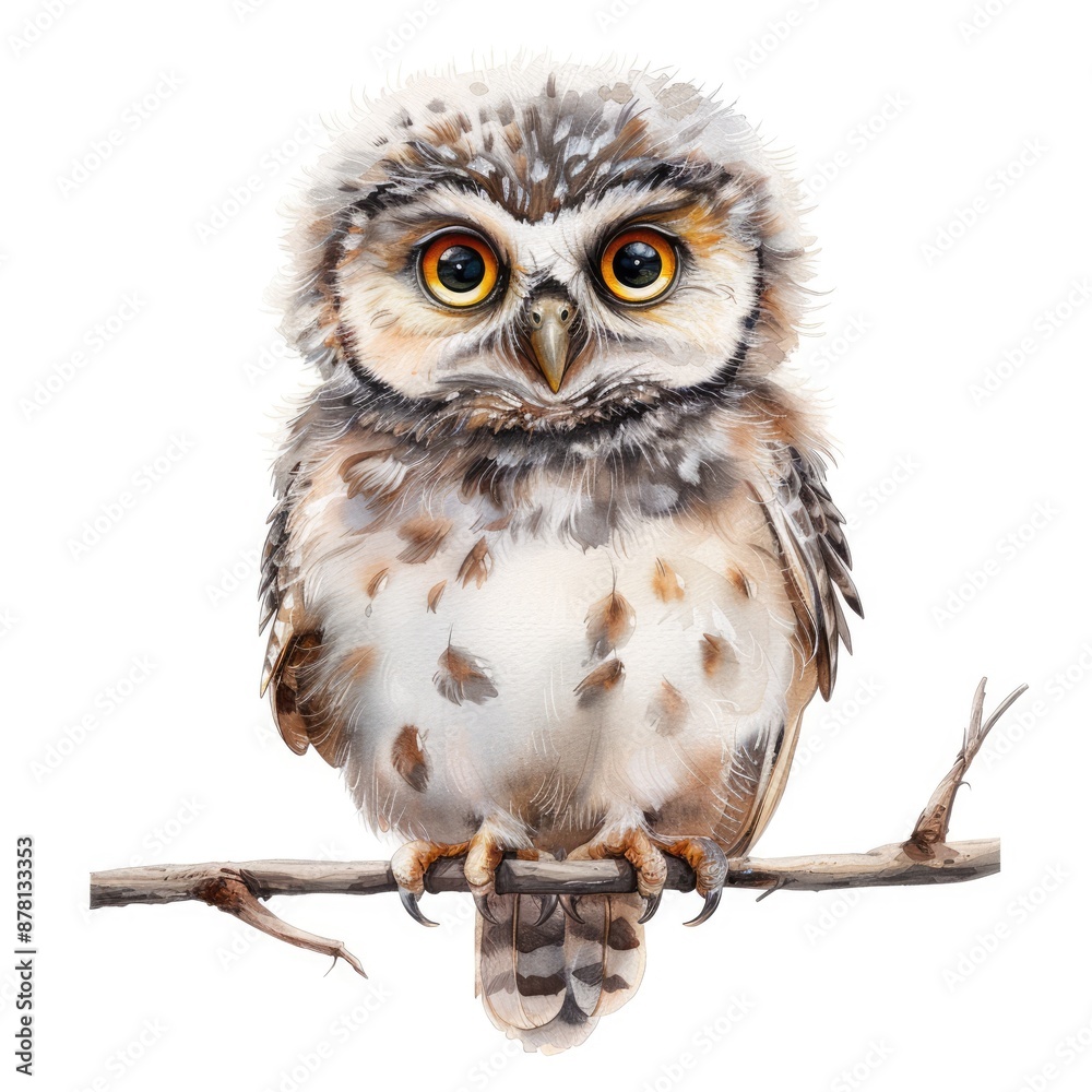 Obraz premium Enchanting Watercolor Owl perched on Branch in Halloween Night, Wise and Mystical Creature on White Background, Generative Ai