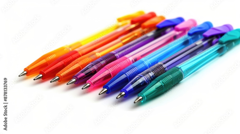 Colorful Pens Isolated on White Background. Education Tool in Vibrant Blues and Water Colors Colorful Pens Isolated on White Background. Education Tool in Vibrant Blues and Water Colors