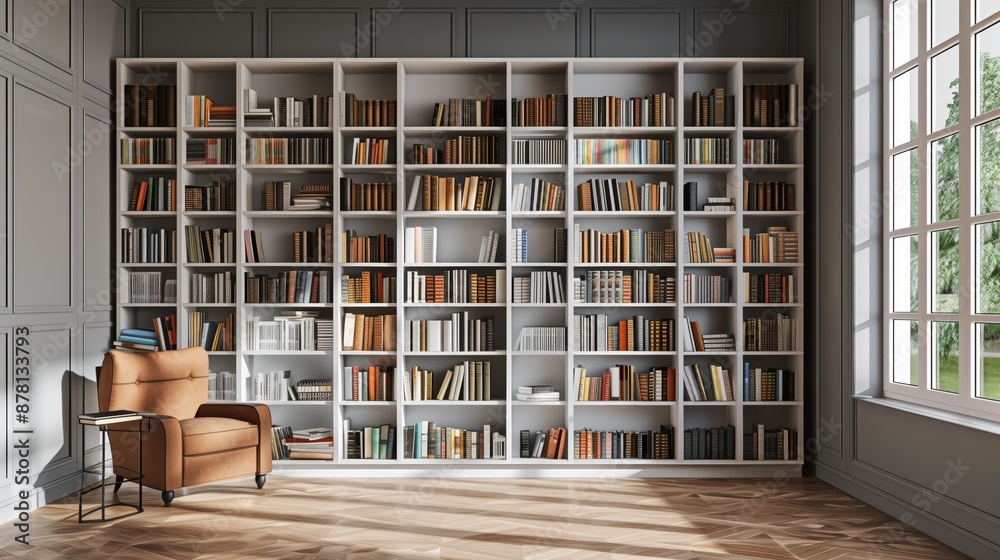 A large white bookcase with many books in the center, against a light wood floor and gray walls A large white bookcase with many books in the center, against a light wood floor and gray walls