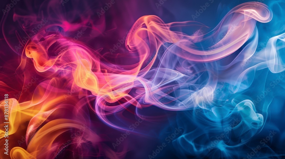 Colorful smoke swirls and dances in the air against a dark backdrop Colorful smoke swirls and dances in the air against a dark backdrop
