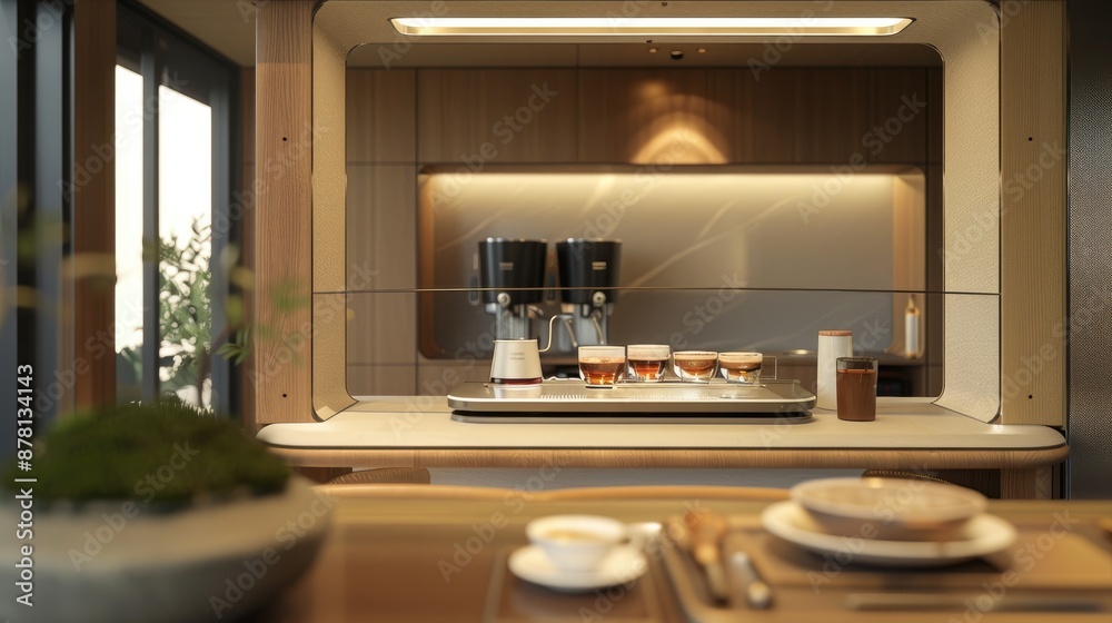 A dining space with a table that features a built-in gourmet coffee and tea brewing station A dining space with a table that features a built-in gourmet coffee and tea brewing station