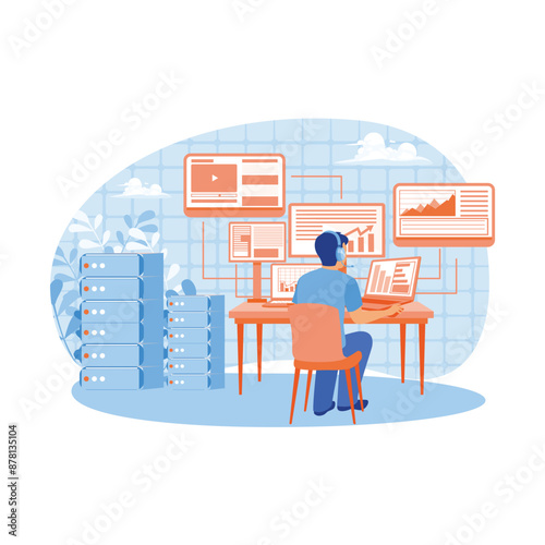 Man working in data center room. Database information monitoring. Data center concept. Flat vector illustration.