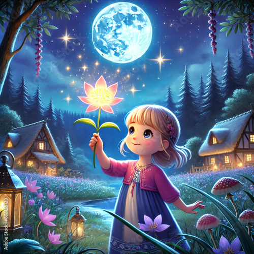 Petite Fille et Fleur Brillante sous la Lune