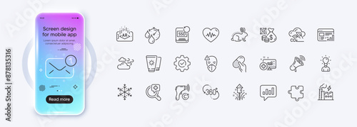 Windy weather, 360 degree and Heartbeat line icons for web app. Phone mockup gradient screen. Pack of Co2 gas, Snowflake, Timer pictogram icons. Megaphone, Electronic thermometer, Puzzle signs. Vector