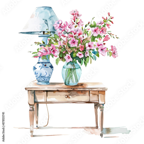 Flower table, vase, watercolor lamp on white background.