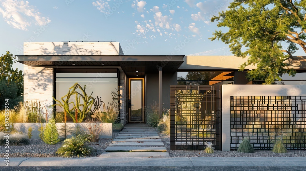 Modern ranch with a clean, minimalist facade punctuated by an abstract metal gate design Modern ranch with a clean, minimalist facade punctuated by an abstract metal gate design