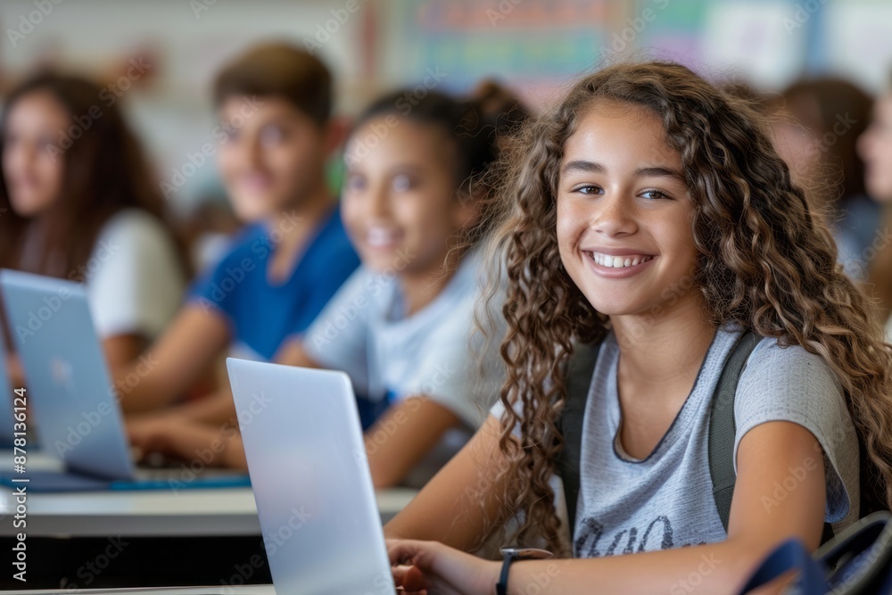 Smiling school girl using laptop computer in classroom. Smiling school girl using laptop computer in classroom.